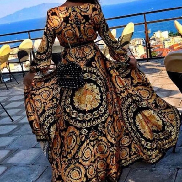 Elegant Golden Black Wrap Dress - Picture 5 of 6